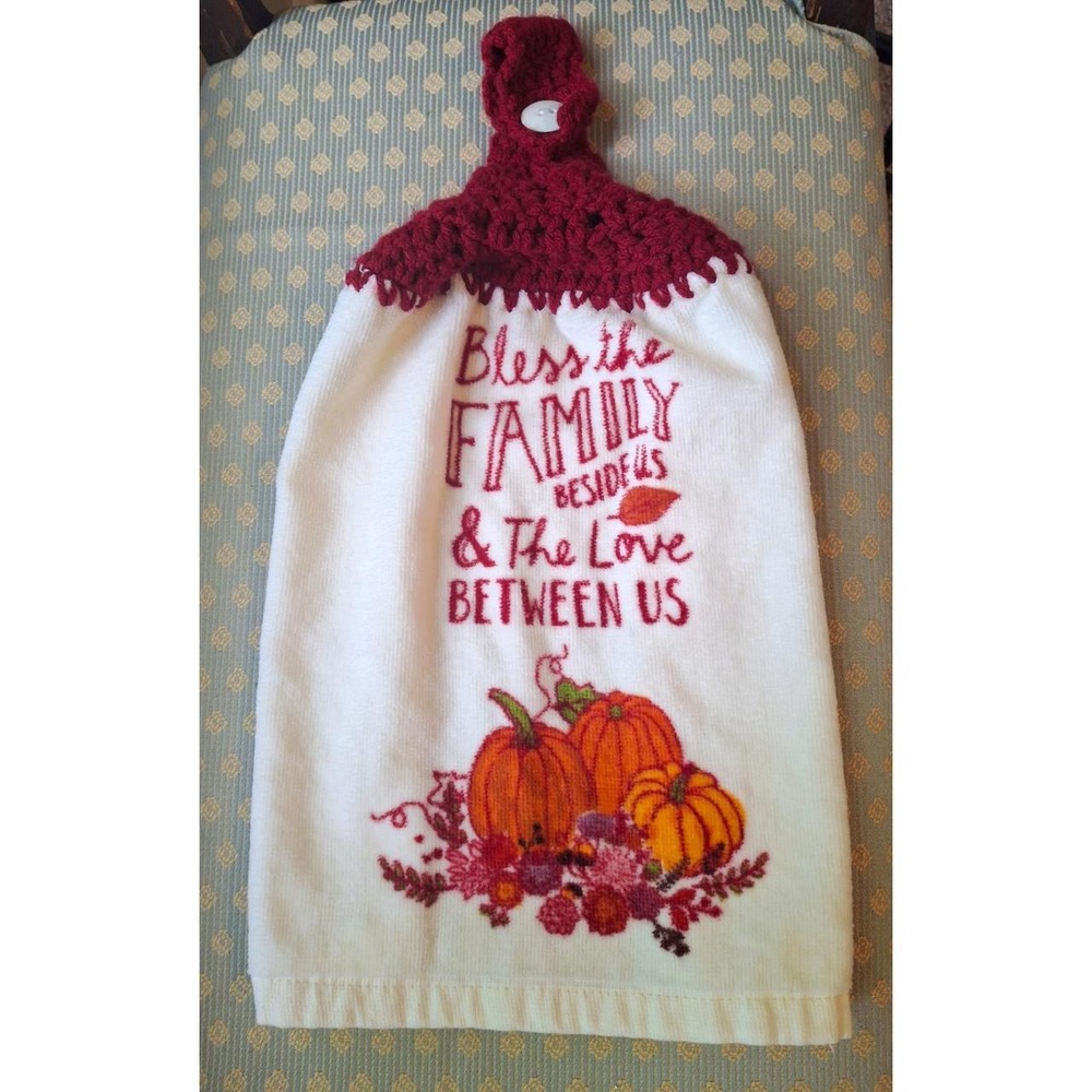 Fall Pumpkin Kitchen Towel: Hand Knit Top, Button Closure super cute Cottagecore